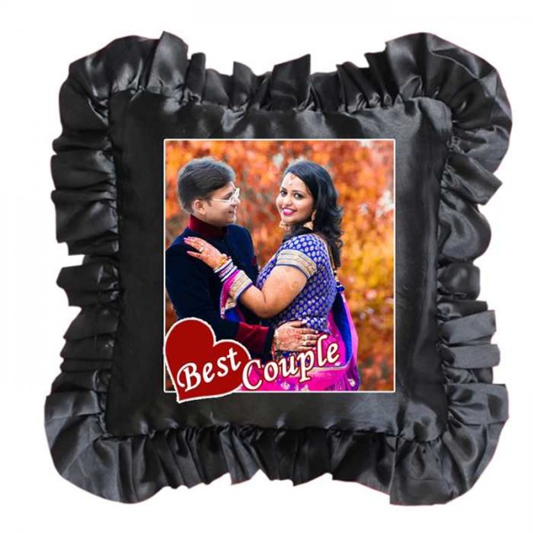 Black Square Frill Cushion With Personalized Photo